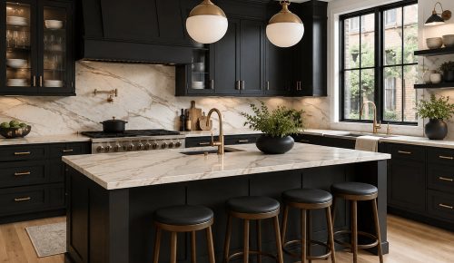 Dark charcoal kitchen cabinets with a light veined stone countertop and matching backsplash