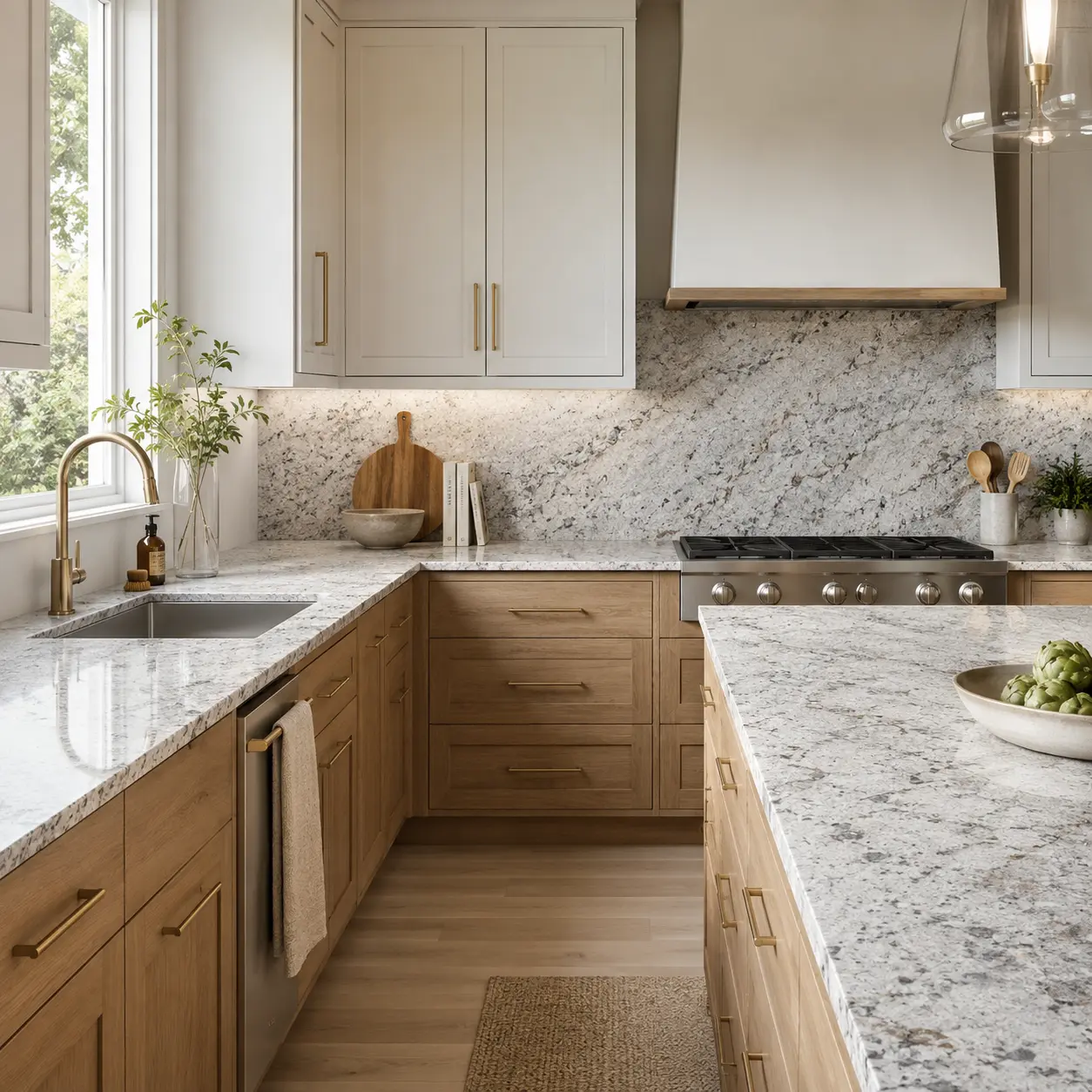 Granite countertops, island, and matching backsplash in a kitchen with white oak cabinetry and brass hardware