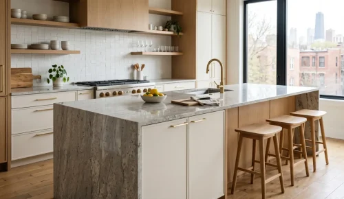 Granite waterfall island with polished gray and white veining in a Chicago kitchen with white oak cabinetry and brass fixtures