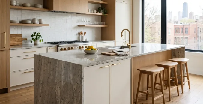 Granite waterfall island with polished gray and white veining in a Chicago kitchen with white oak cabinetry and brass fixtures