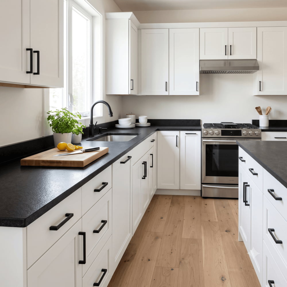 White cabinets with a honed black granite countertop and matte black hardware