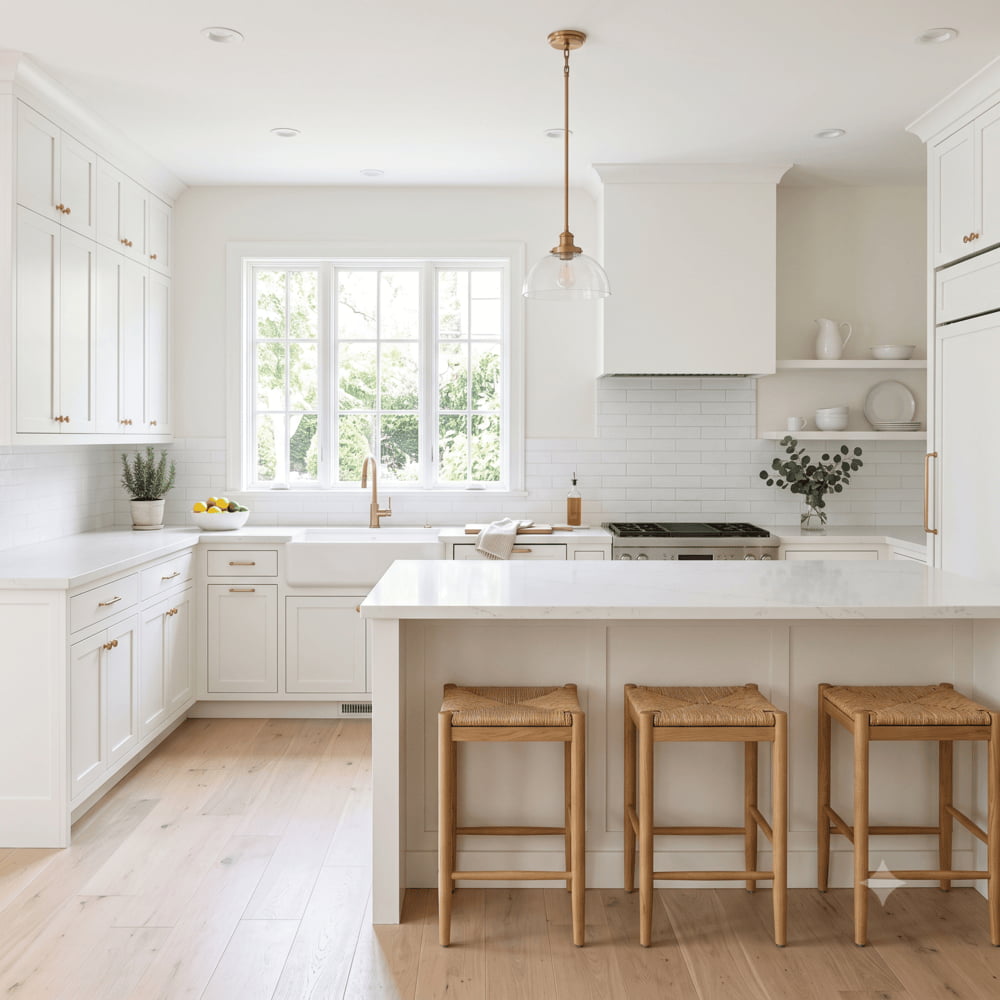 White cabinets with a nearly white countertop creating a low-contrast kitchen
