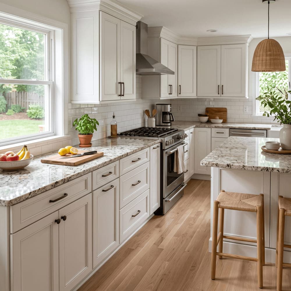 Warm white cabinets with a speckled granite countertop showing moderate contrast