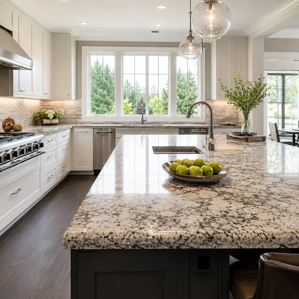 Bright modern kitchen with a large island and natural granite countertops
