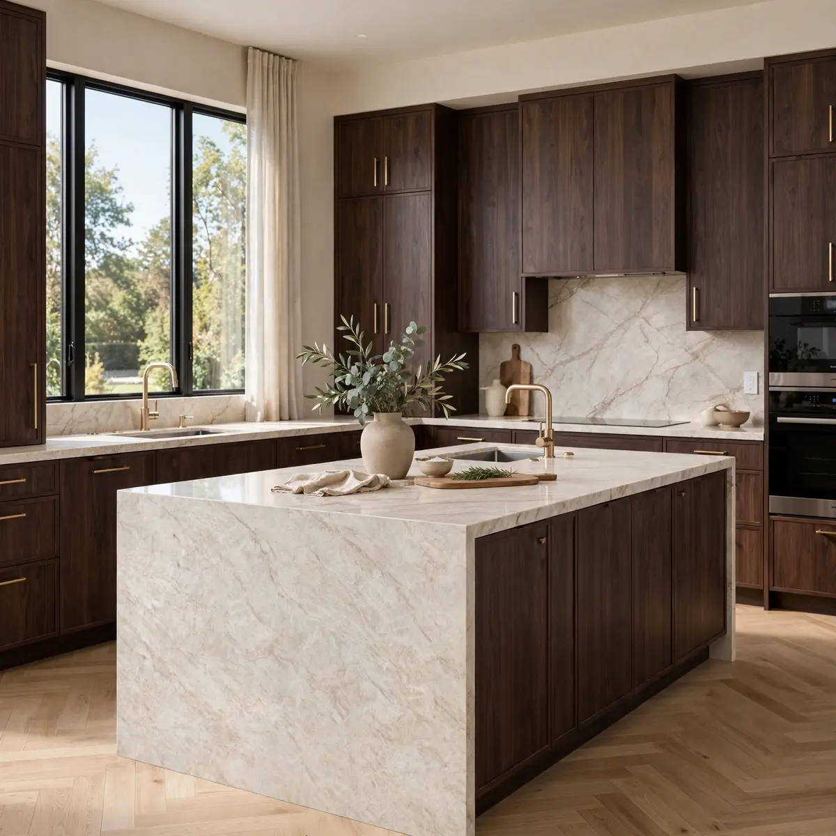 Dark walnut kitchen cabinets with a warm cream waterfall island in Taj Mahal quartzite and a matching full height backsplash