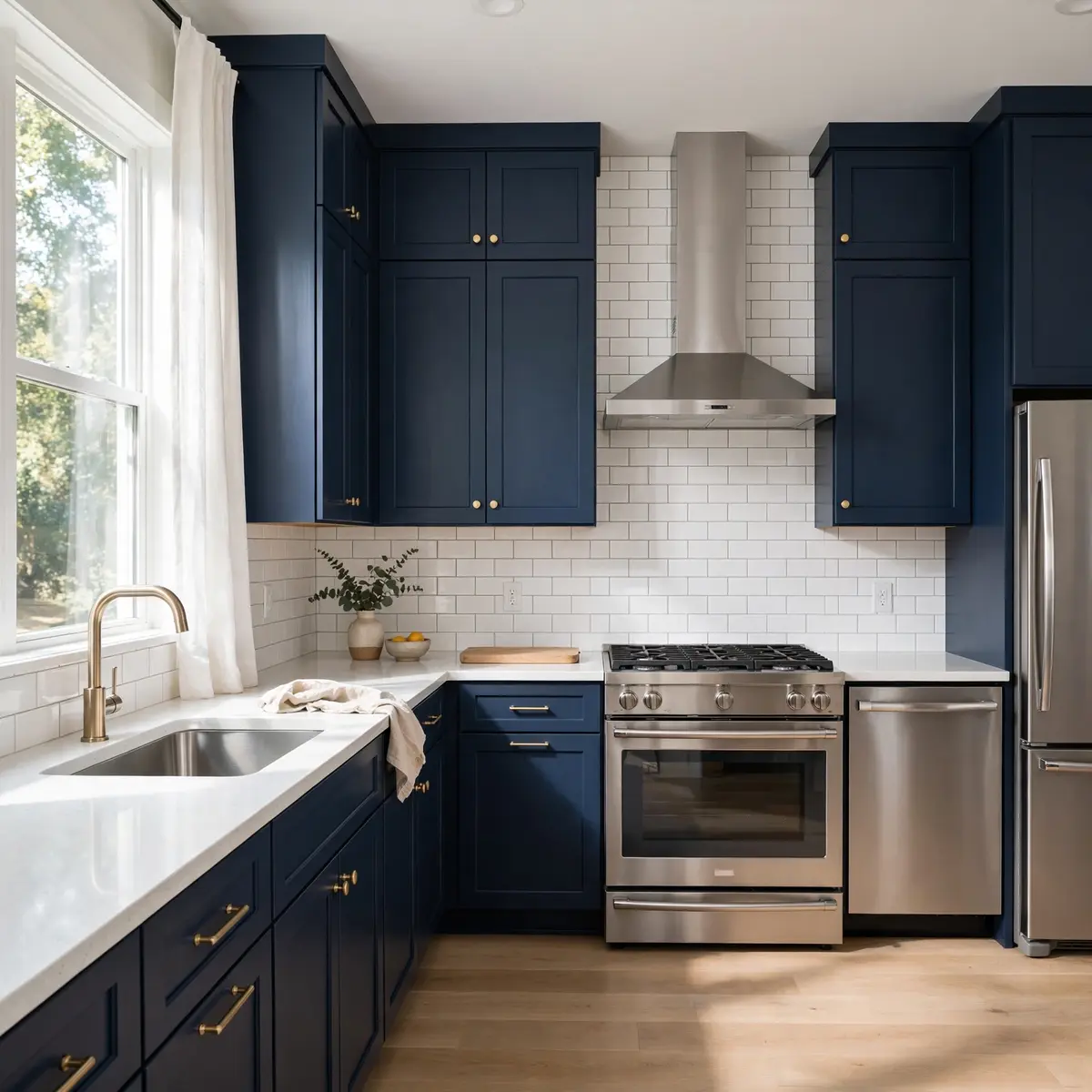 Navy blue shaker kitchen cabinets with a white quartz countertop, white subway tile backsplash, brass hardware, and light oak flooring