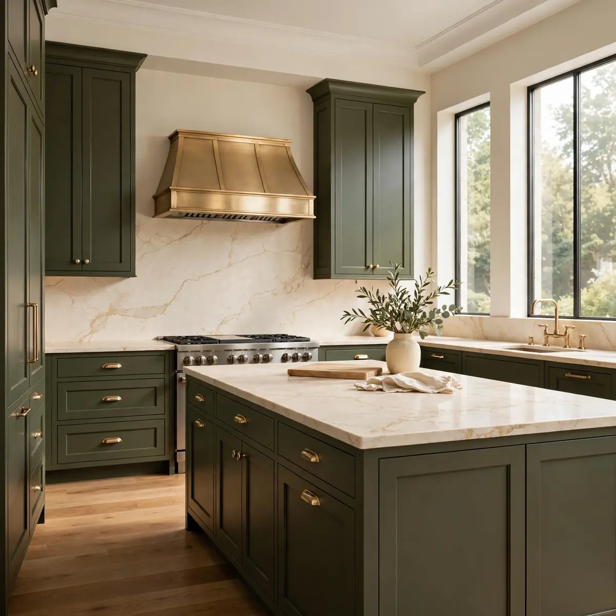 Olive green kitchen cabinets with a cream countertop with soft gold veining, a matching full height backsplash, and a brass range hood