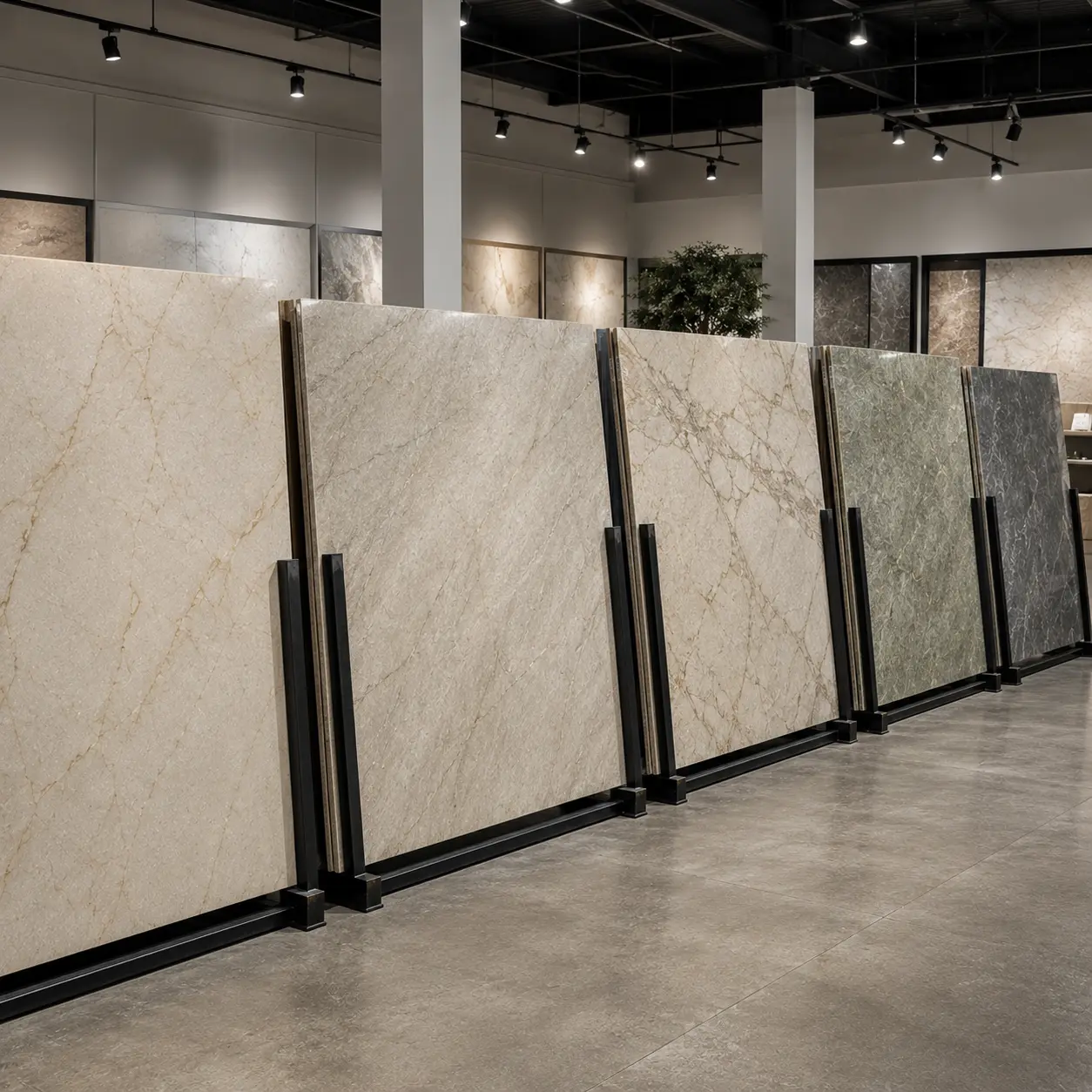Full-size quartzite slabs displayed on showroom racks.