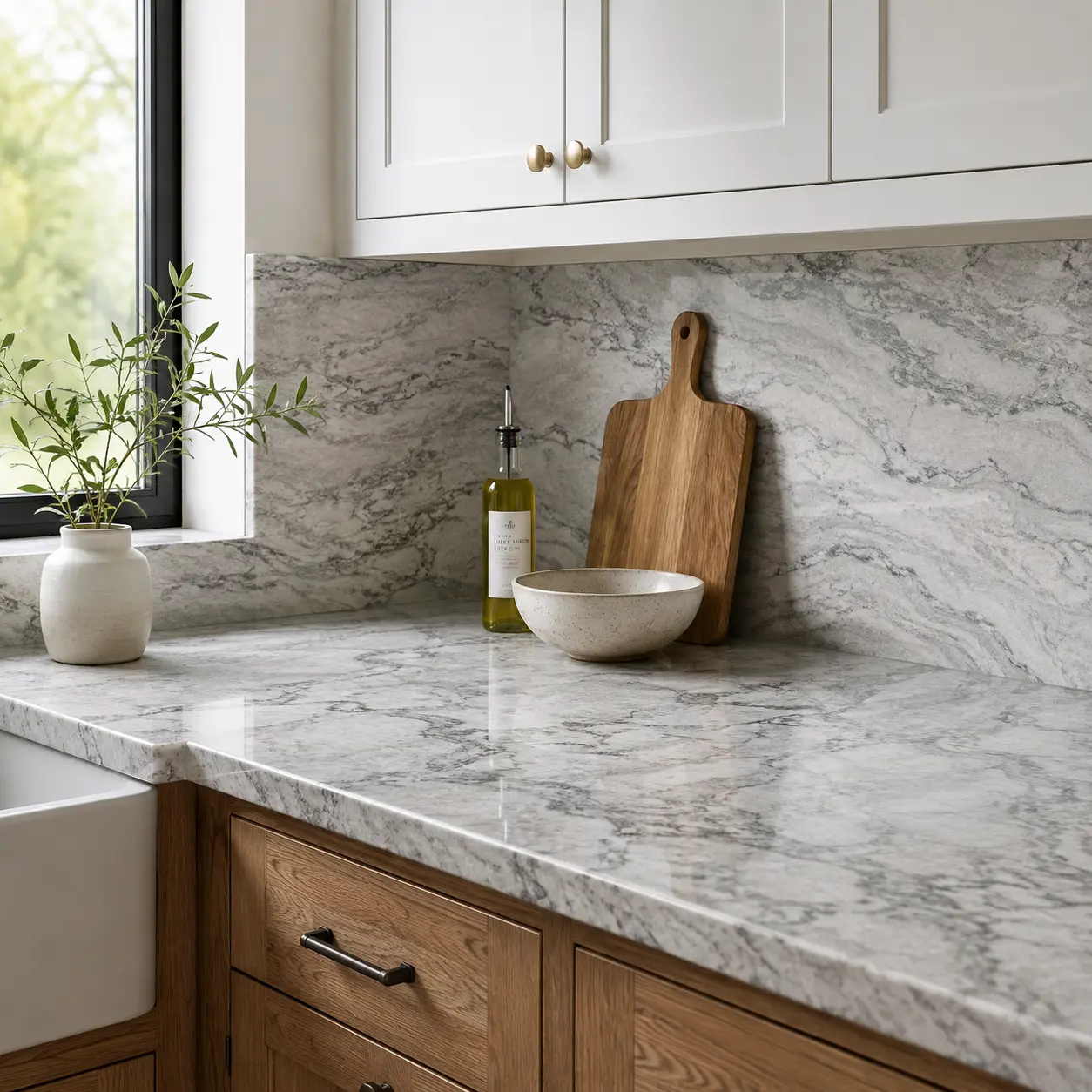 Modern kitchen with Silver Cloud granite countertops and backsplash paired with natural wood cabinets