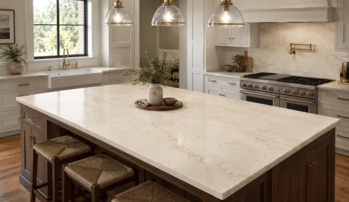 Taj Mahal quartzite island countertop in a bright Chicago kitchen