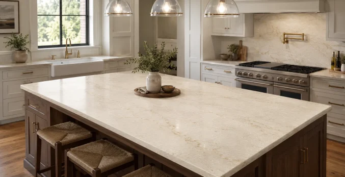 Taj Mahal quartzite island countertop in a bright Chicago kitchen