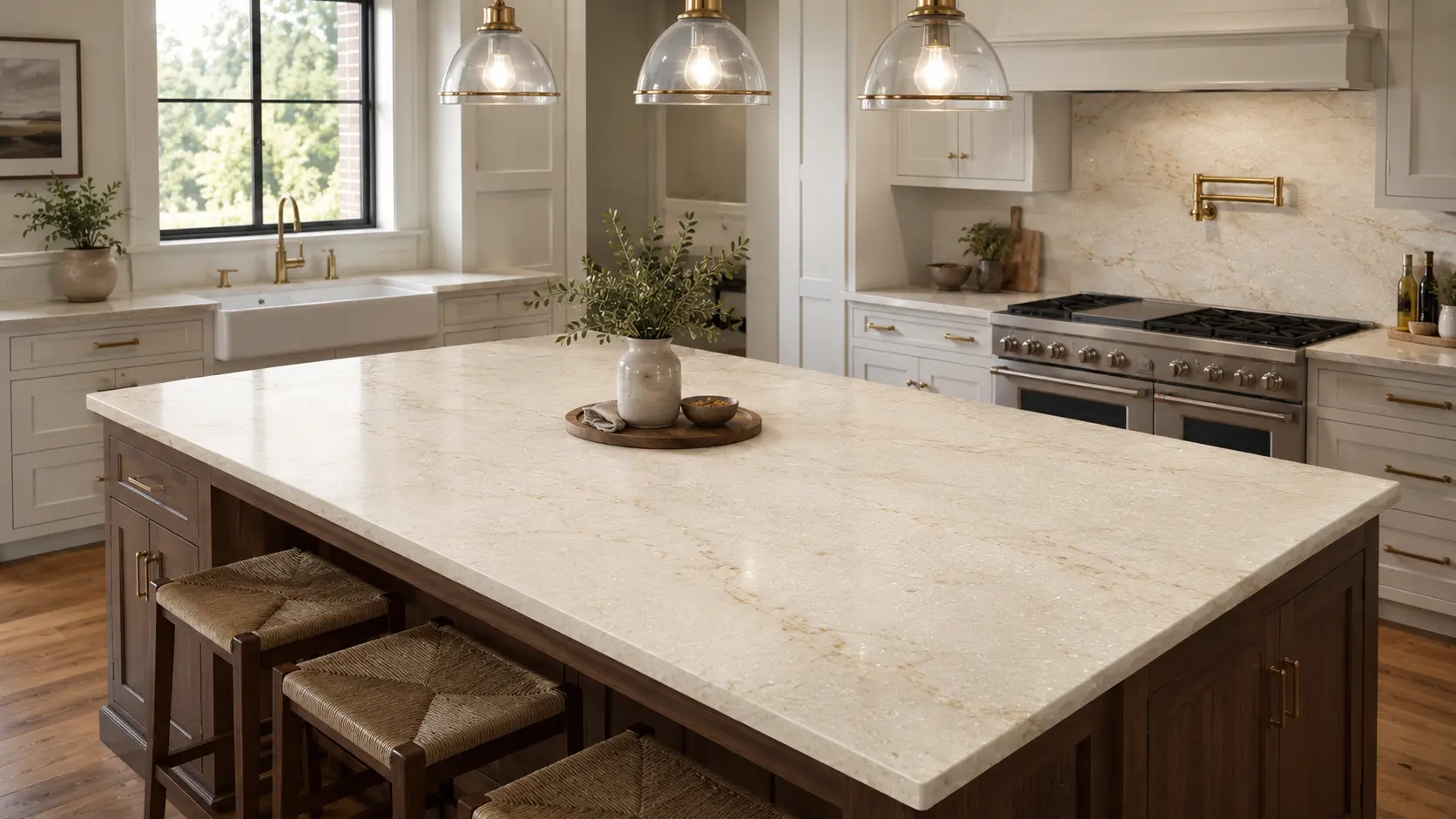 Quartzite Countertops: The Complete Chicago Guide Taj Mahal quartzite island countertop in a bright Chicago kitchen