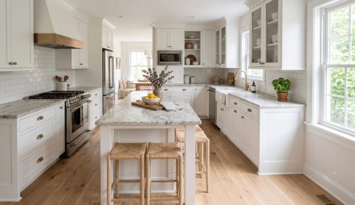 White cabinets with a light veined countertop creating a low-contrast kitchen palette
