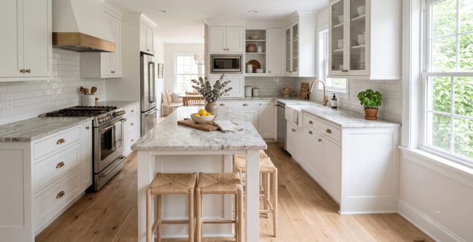 White cabinets with a light veined countertop creating a low-contrast kitchen palette