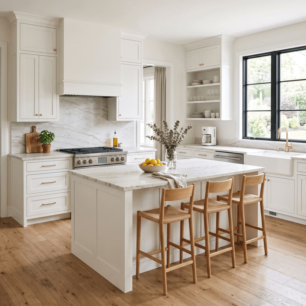 White kitchen cabinets with a light veined stone countertop and warm wood flooring