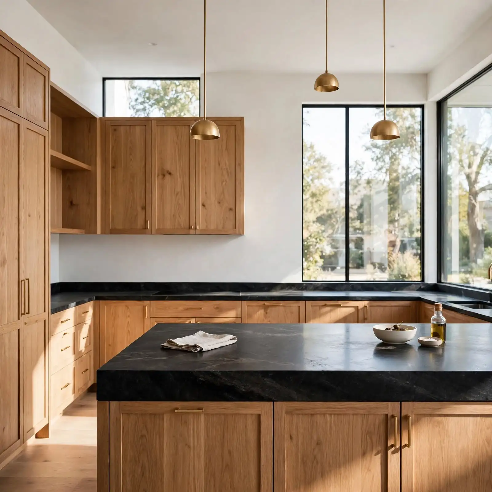 Bright modern kitchen with a black stone countertop, natural oak cabinetry and brass fixtures