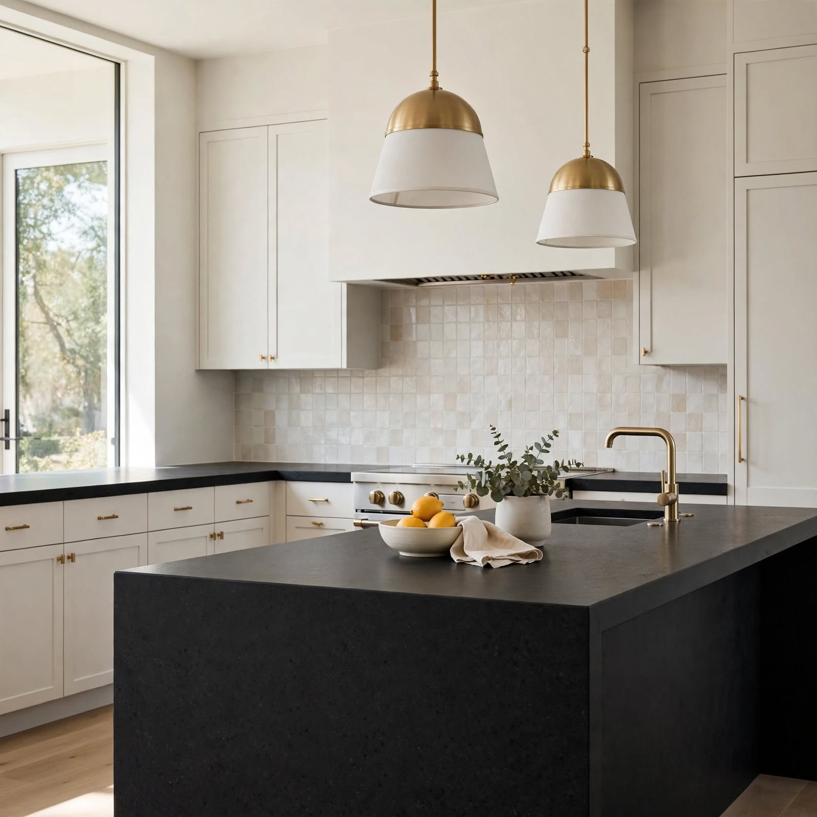 Bright modern kitchen with a matte black countertop, off-white cabinetry and brass fixtures