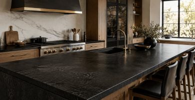 Modern kitchen with a black stone countertop, wood cabinetry and brass fixtures