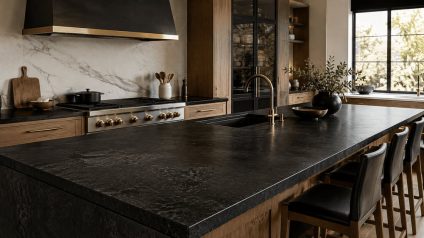 Modern kitchen with a black stone countertop, wood cabinetry and brass fixtures