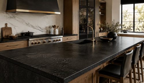 Modern kitchen with a black stone countertop, wood cabinetry and brass fixtures