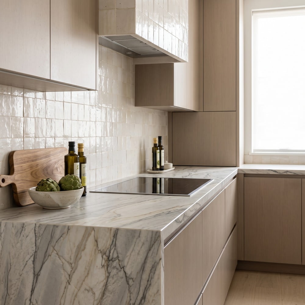 Cream zellige tile backsplash complementing a veined marble countertop