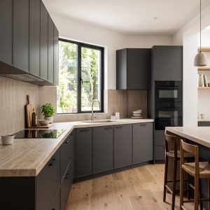 Contemporary kitchen with dark cabinets, light stone countertops, neutral backsplash, and coordinated hardware