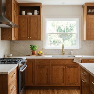 Kitchen with warm wood cabinets, a light stone countertop, and a matching backsplash in a bright residential setting