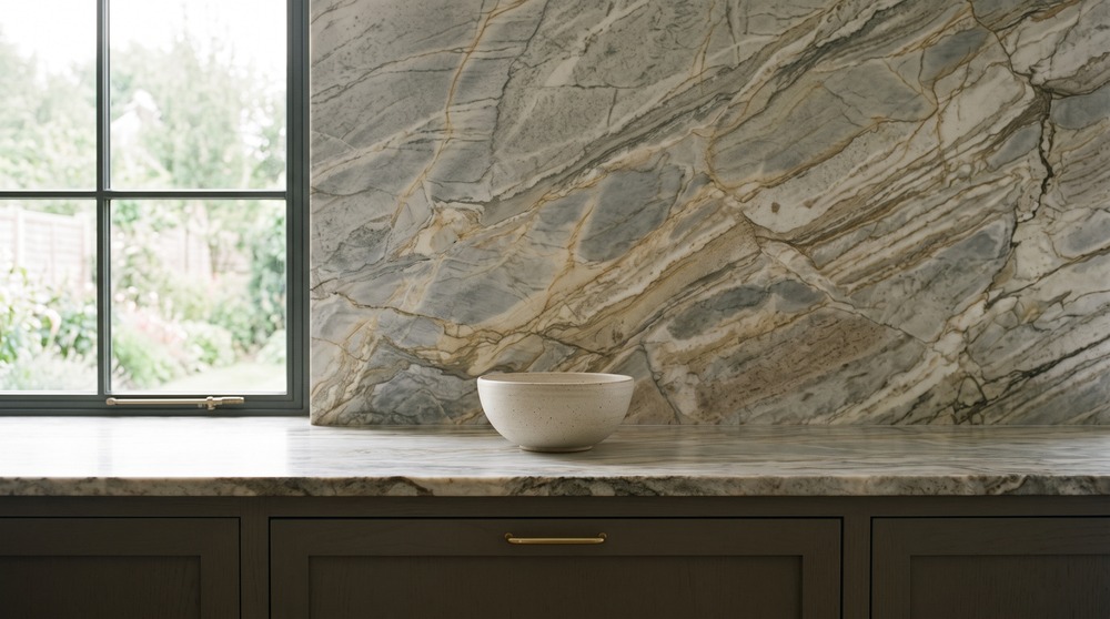 How to Match Countertops and Backsplash: A Practical Design Guide Veined stone countertop and matching full-height backsplash above dark cabinets with brass handles.