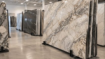 Large natural stone slabs displayed vertically in a countertop showroom, including granite and quartzite with varied veining patterns.