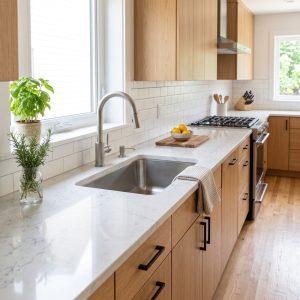 Kitchen with a light stone countertop, undermount sink, modern faucet, and wood cabinetry