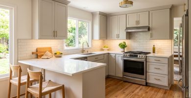 Updated kitchen with light cabinets, white stone countertops, subway tile backsplash, and under-cabinet lighting.