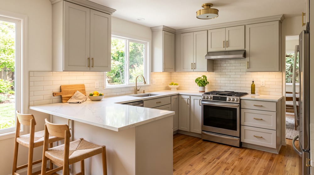 How to Make Your Kitchen Look Better Without a Full Remodel Updated kitchen with light cabinets, white stone countertops, subway tile backsplash, and under-cabinet lighting.