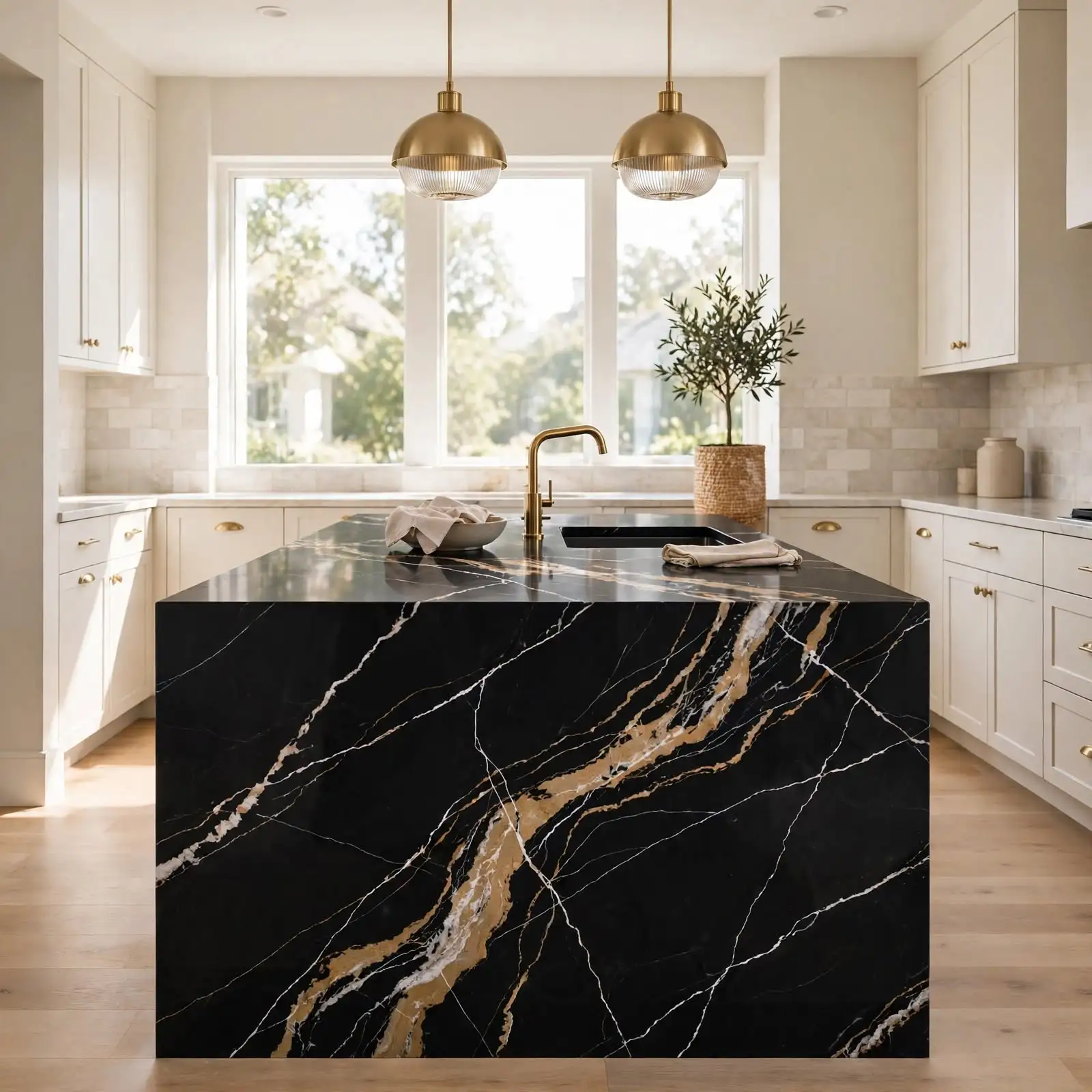 Modern kitchen with a black quartz island featuring white and gold veining