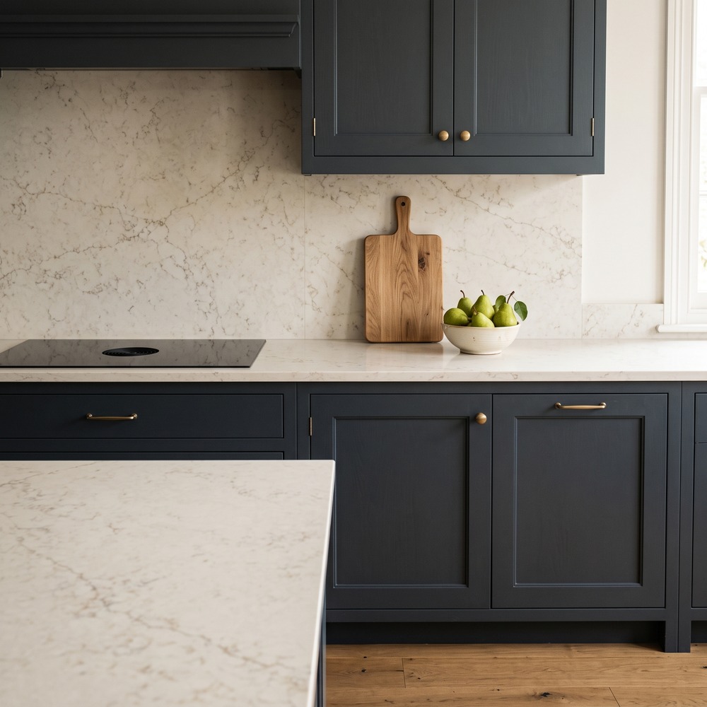 White veined countertop and matching slab backsplash with dark blue cabinets and brass hardware