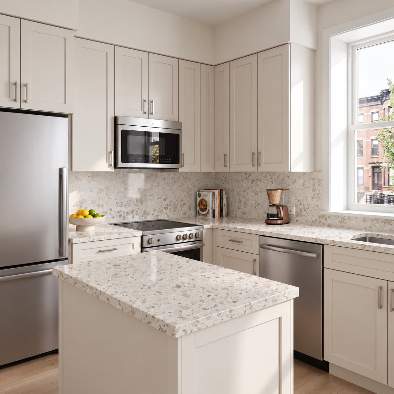 Bright small kitchen with Bianca Frost countertop and light shaker cabinets