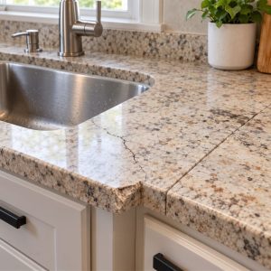 Cracked granite countertop near sink with chipped front edge and visible seam