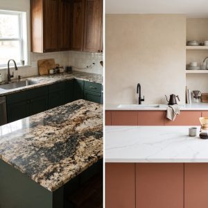 Natural granite countertop with bold mineral patterns beside a white quartz countertop with subtle gray veining in two different kitchen interiors.