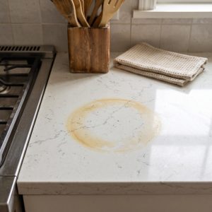 Heat-damaged quartz countertop with yellow-brown scorch ring beside cooktop