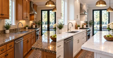 When Should You Replace Your Kitchen Countertops? Signs It’s Time for an Upgrade Before and after kitchen showing dated dark countertops replaced with light modern countertops
