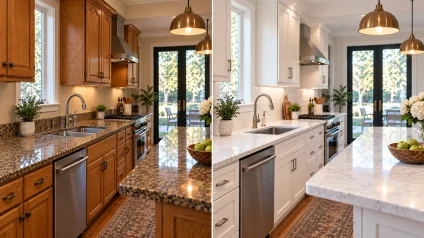Before and after kitchen showing dated dark countertops replaced with light modern countertops