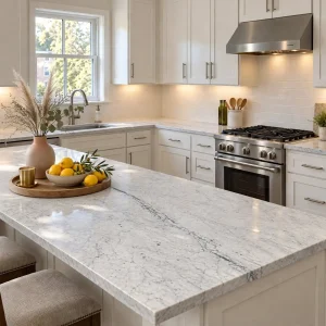 Bright modern kitchen with light natural stone countertops and stainless steel appliances
