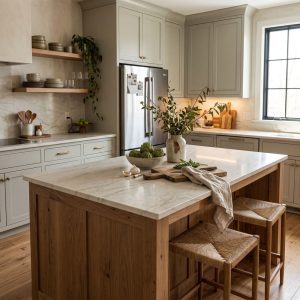Warm modern kitchen with new light stone countertops, sage cabinets and natural wood island