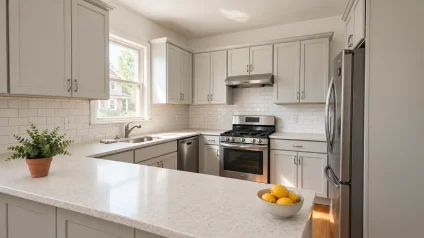 Updated kitchen with light countertops, white cabinets and stainless steel appliances
