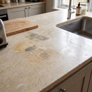 Light stone kitchen countertop with permanent oil stains and ring marks near sink