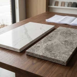 White quartz countertop sample with gray veining beside a natural gray granite sample on a wooden table