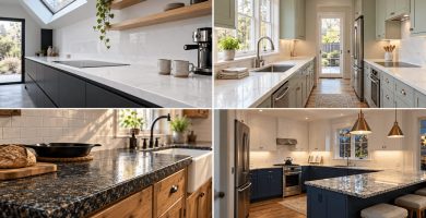 Quartz vs. Granite Countertops: Which One Fits Your Kitchen? Four different kitchen interiors shown in a 2x2 grid comparing quartz and granite countertops, with two quartz kitchens on the top row and two granite kitchens on the bottom row.