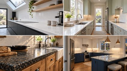 Four different kitchen interiors shown in a 2x2 grid comparing quartz and granite countertops, with two quartz kitchens on the top row and two granite kitchens on the bottom row.