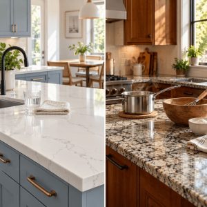 Side-by-side comparison of a white quartz countertop in a modern kitchen and a natural granite countertop in a traditional kitchen with cooking utensils.