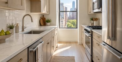 Best Countertops for Small Kitchens: Colors, Patterns, and Materials to Consider Bright small galley kitchen with light countertops and natural daylight