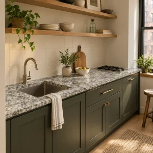 Small kitchen with gray patterned stone countertop, dark green cabinets and open wood shelves